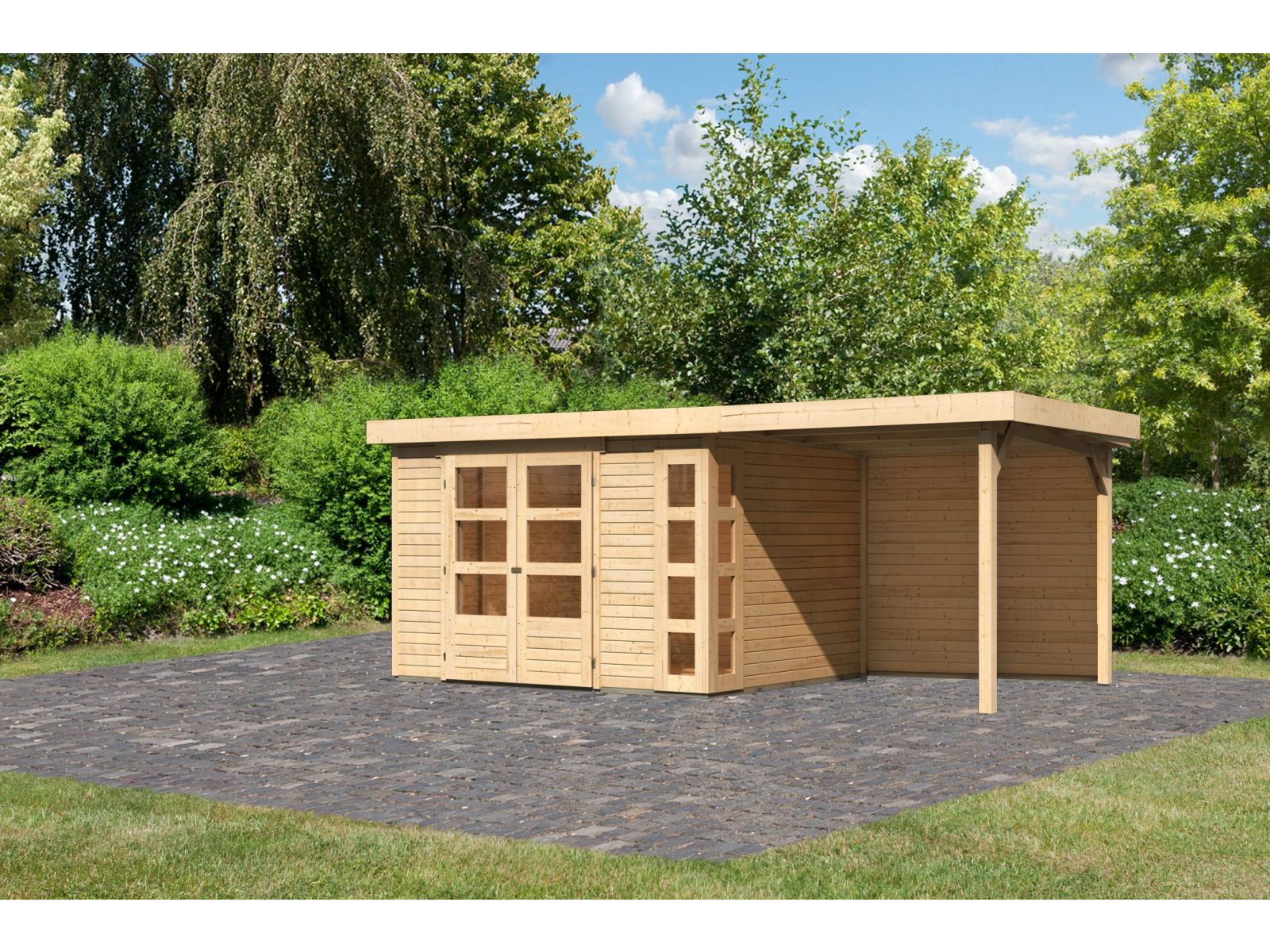 Karibu Gartenhaus Kerko 5 natur mit Anbaudach 2,40 m inkl. Rückwand - Image 3