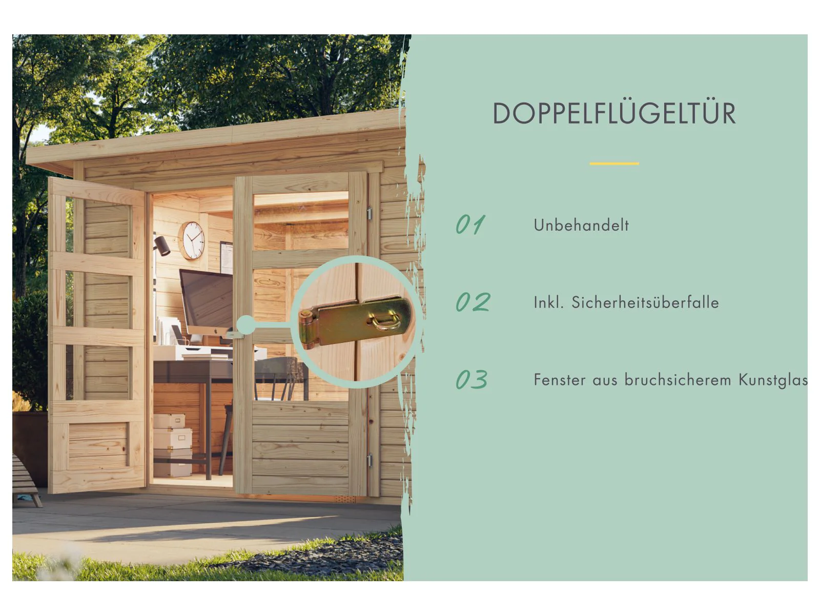 Karibu Gartenhaus Kerko 5 natur mit Anbaudach 2,40 m inkl. Rückwand - Image 8