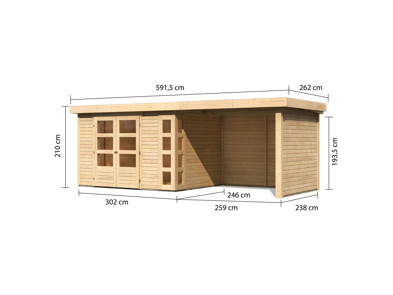 Karibu Gartenhaus Kerko 5 natur mit Anbaudach 2,80 m inkl. Seiten- und Rückwand - Image 3