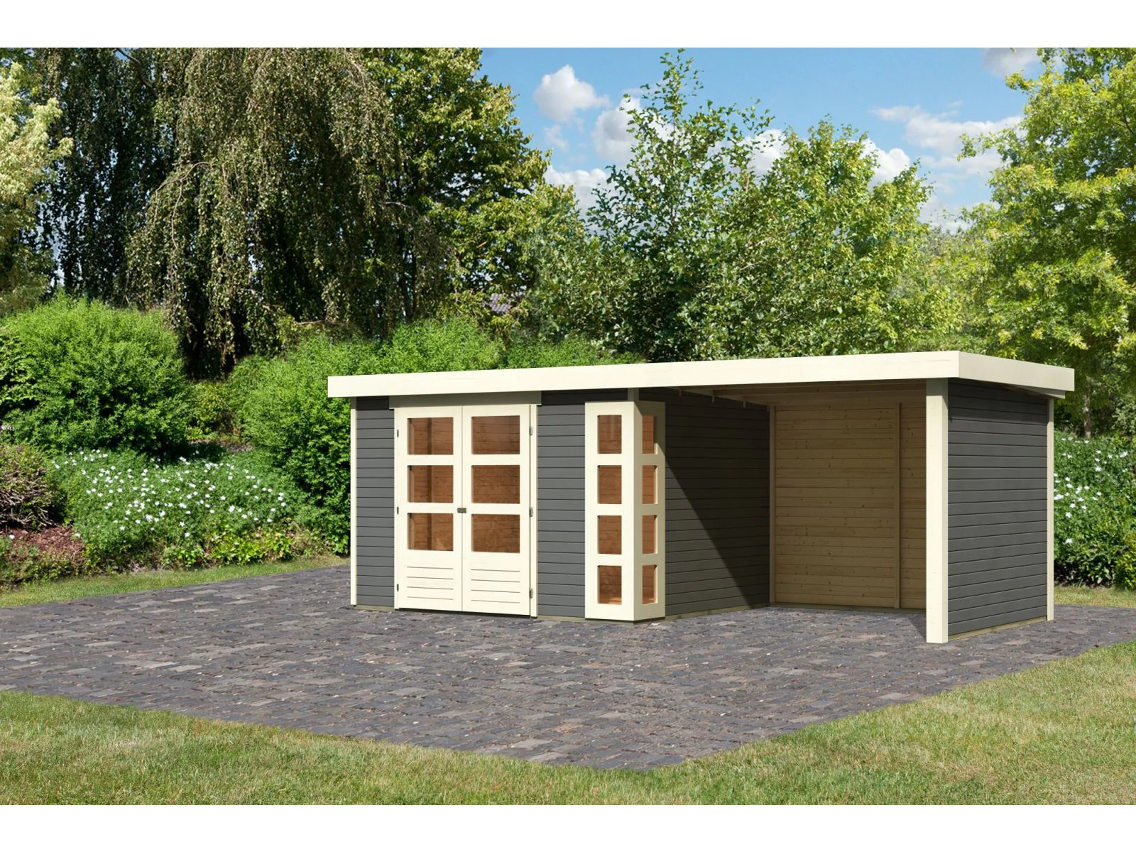 Karibu Gartenhaus Kerko 5 terragrau mit Anbaudach 2,80 m inkl. Seiten- und Rückwand - Image 2
