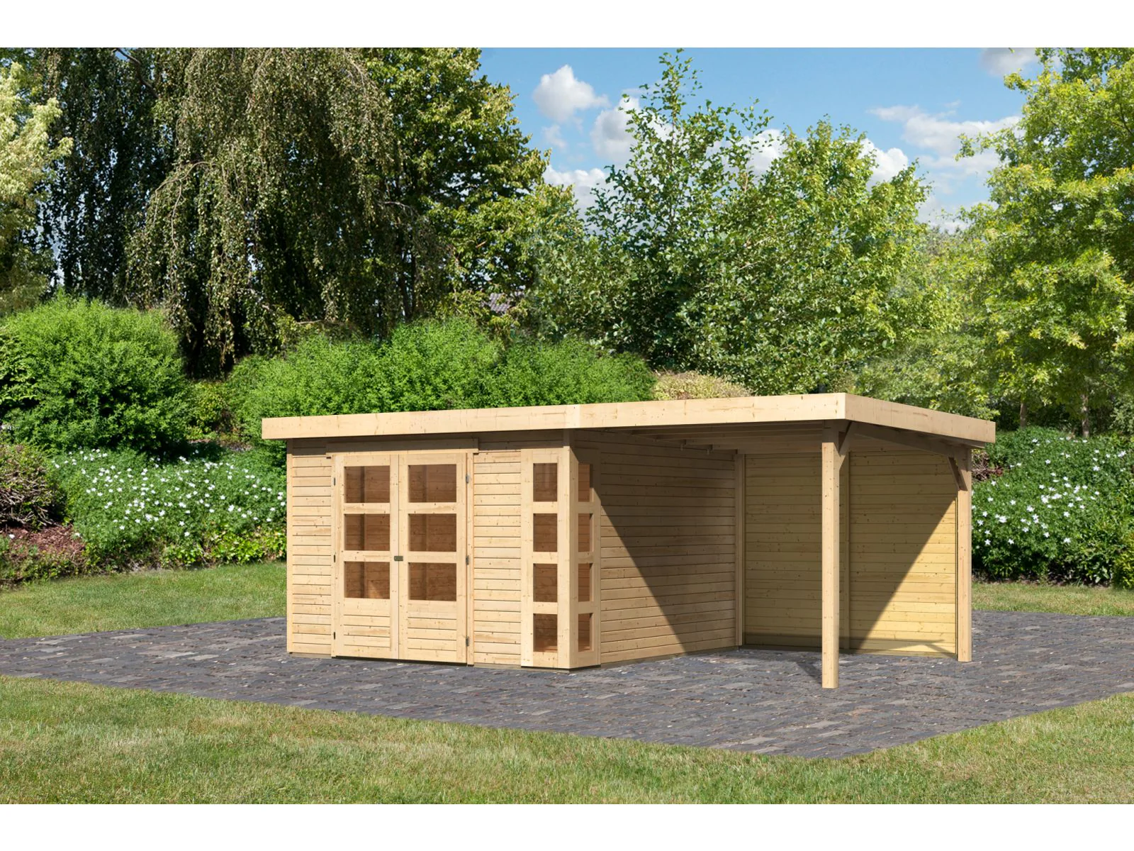 Karibu Gartenhaus Kerko 6 natur mit 2,40 m Anbaudach inkl. Rückwand - Image 2