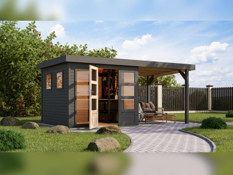 Karibu Gartenhaus Lahar 3,5, terragrau komplett, inkl. Anbaudach 2,40 m Breite - Image 2