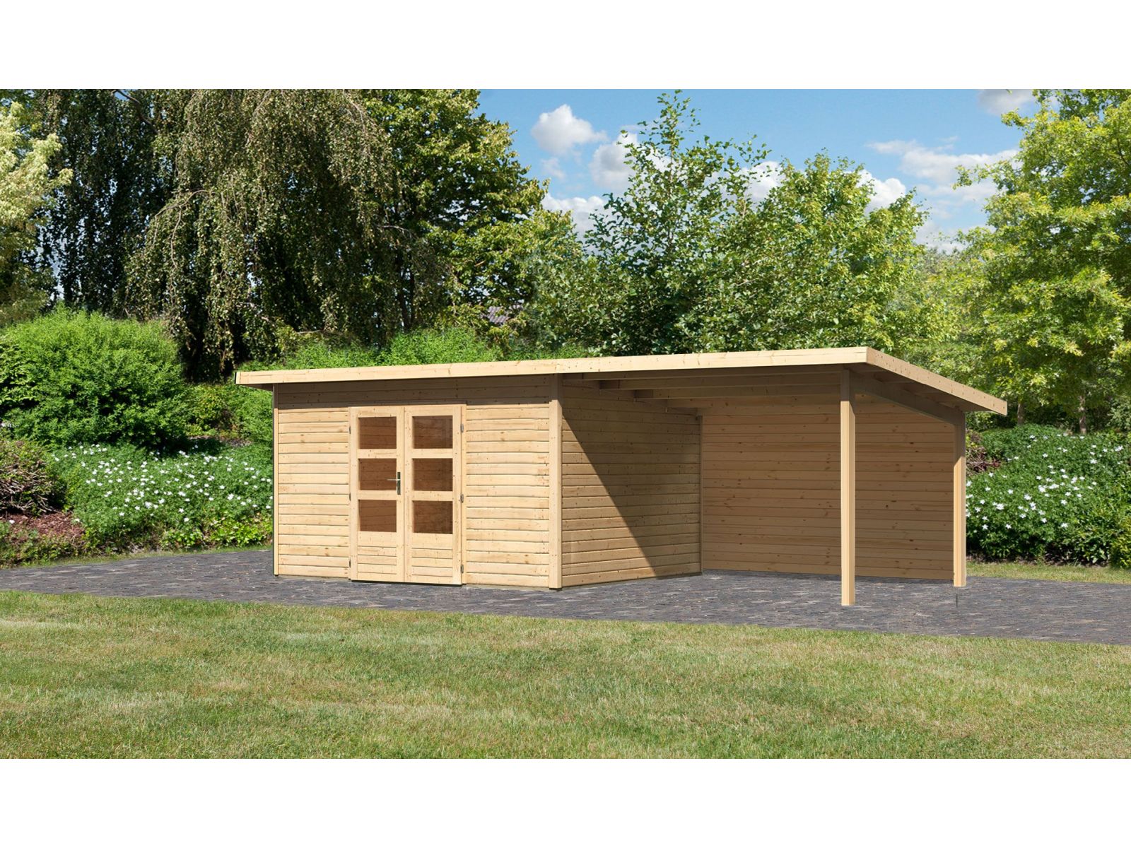 Karibu Gartenhaus Northeim 4 natur mit Anbaudach 3 m inkl. Rückwand - Image 2