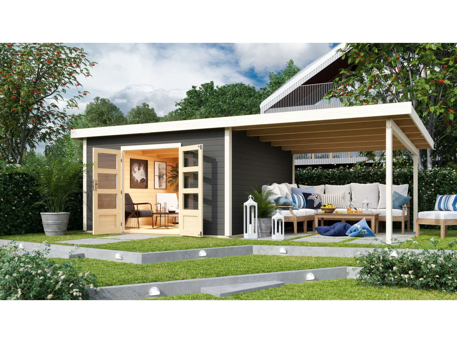 Karibu Gartenhaus Northeim 5 terragrau mit Anbaudach 3 m