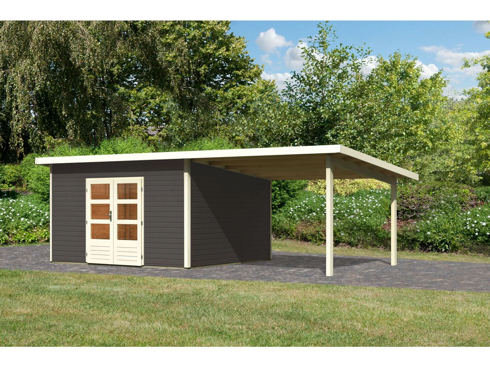 Karibu Gartenhaus Northeim 5 terragrau mit Anbaudach 3 m - Image 2