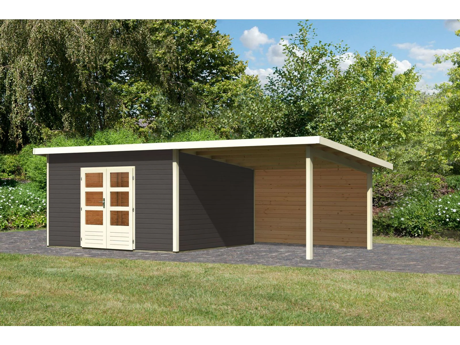 Karibu Gartenhaus Northeim 5 terragrau mit Anbaudach 3 m inkl. Rückwand