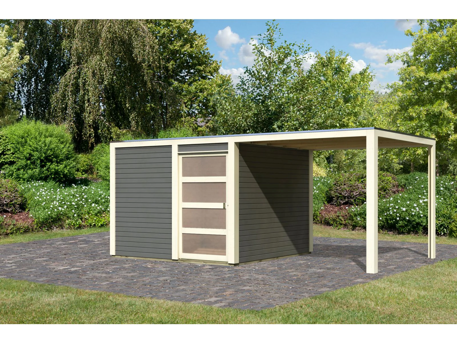 Karibu Gartenhaus Qubic 2 terragrau inkl. 2,70 m Anbaudach - Image 3