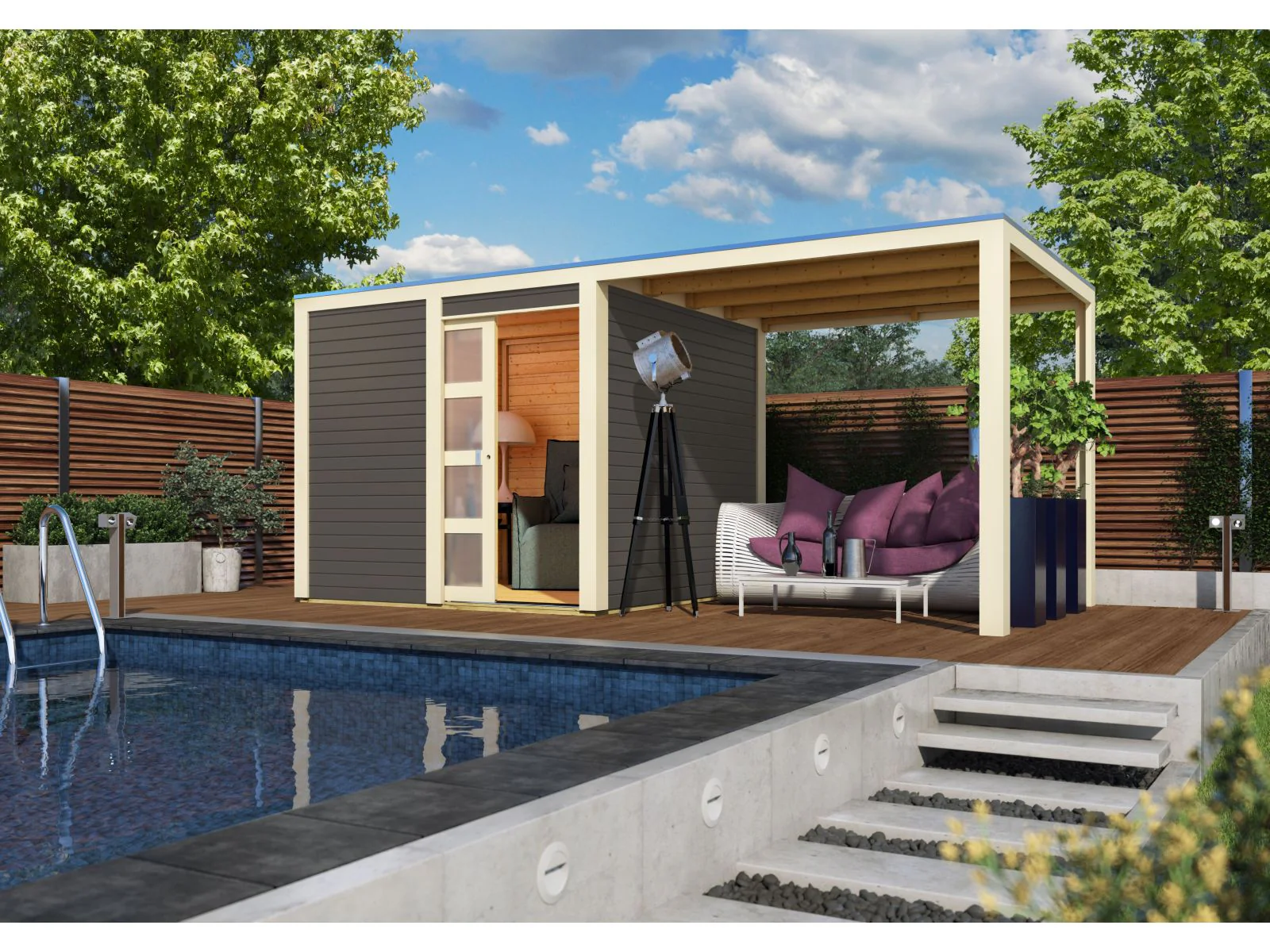 Karibu Gartenhaus Qubic in terragrau mit Anbaudach - Image 2