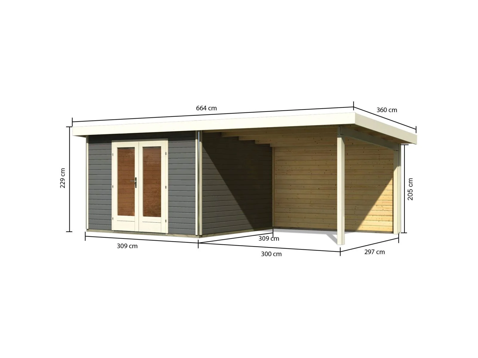 Karibu Gartenhaus Radeburg 1 terragrau mit Anbaudach 3,3 m inkl. Rückwand - Image 2
