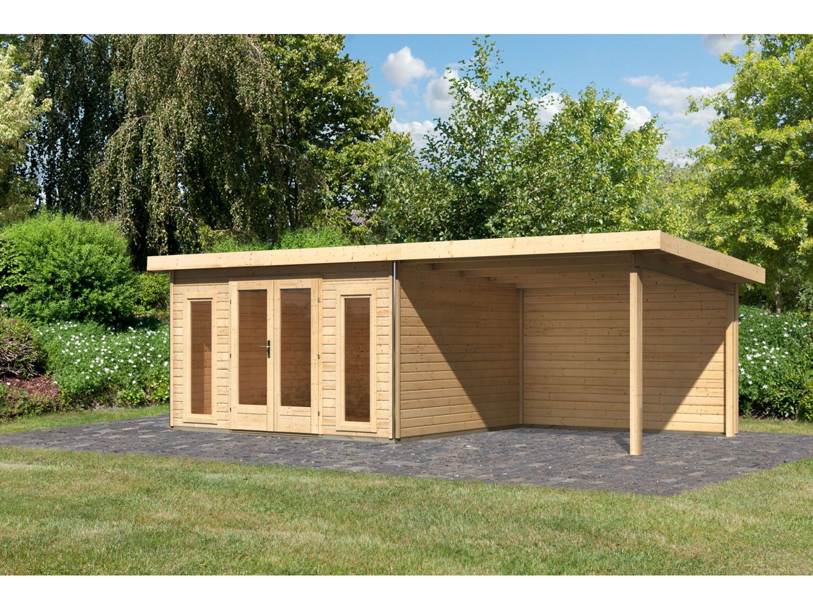Karibu Gartenhaus Radeburg 2 natur 38 mm mit Anbaudach 3,3 m und Rückwand - Image 2