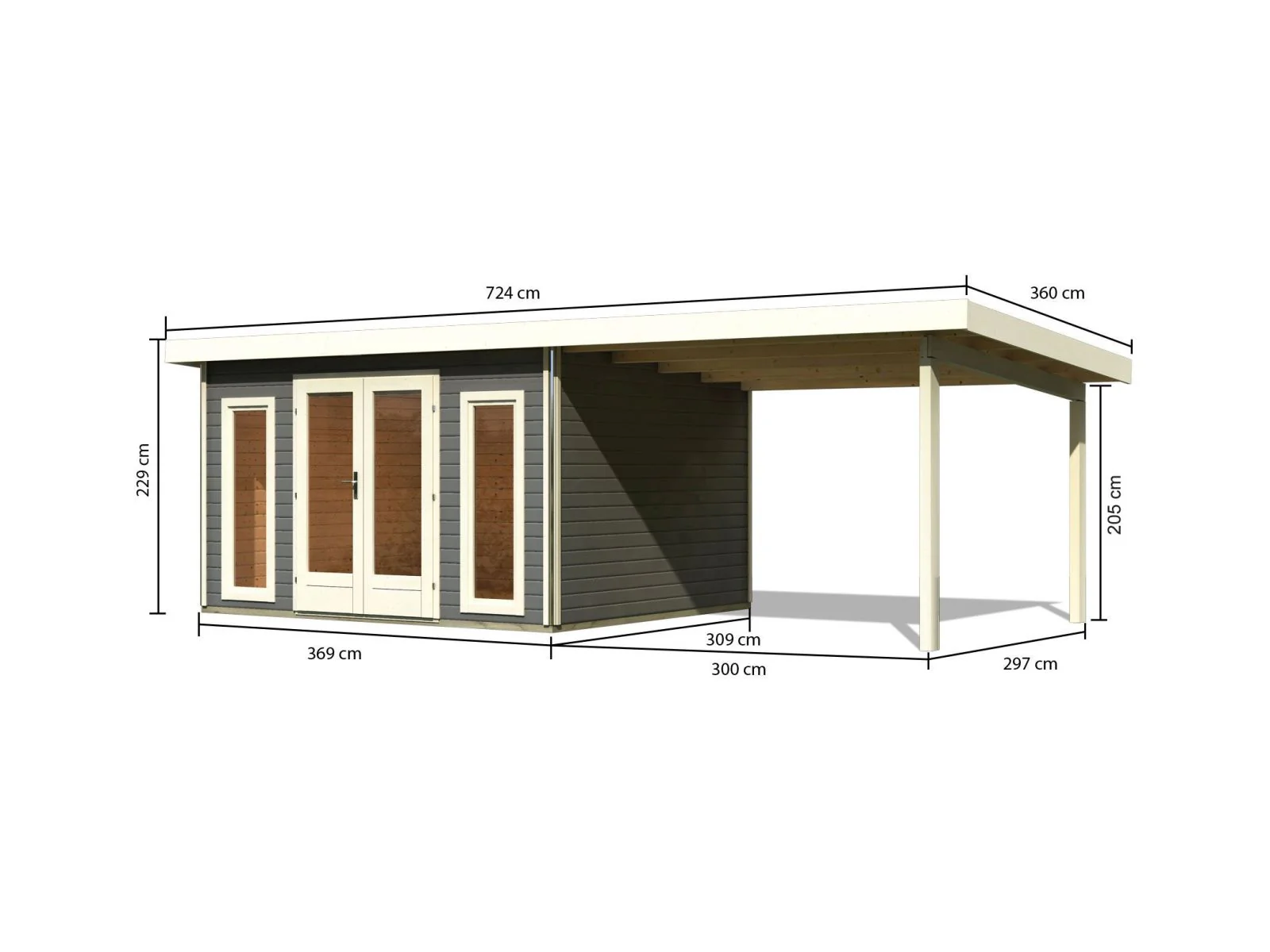 Karibu Gartenhaus Radeburg 2 terragrau 38 mm mit Anbaudach 3,3 m - Image 2