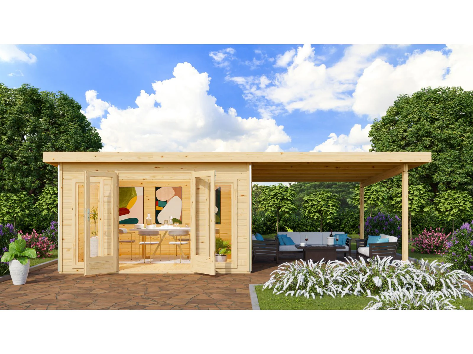 Karibu Gartenhaus Radeburg 3 natur mit Anbaudach 3,3 m