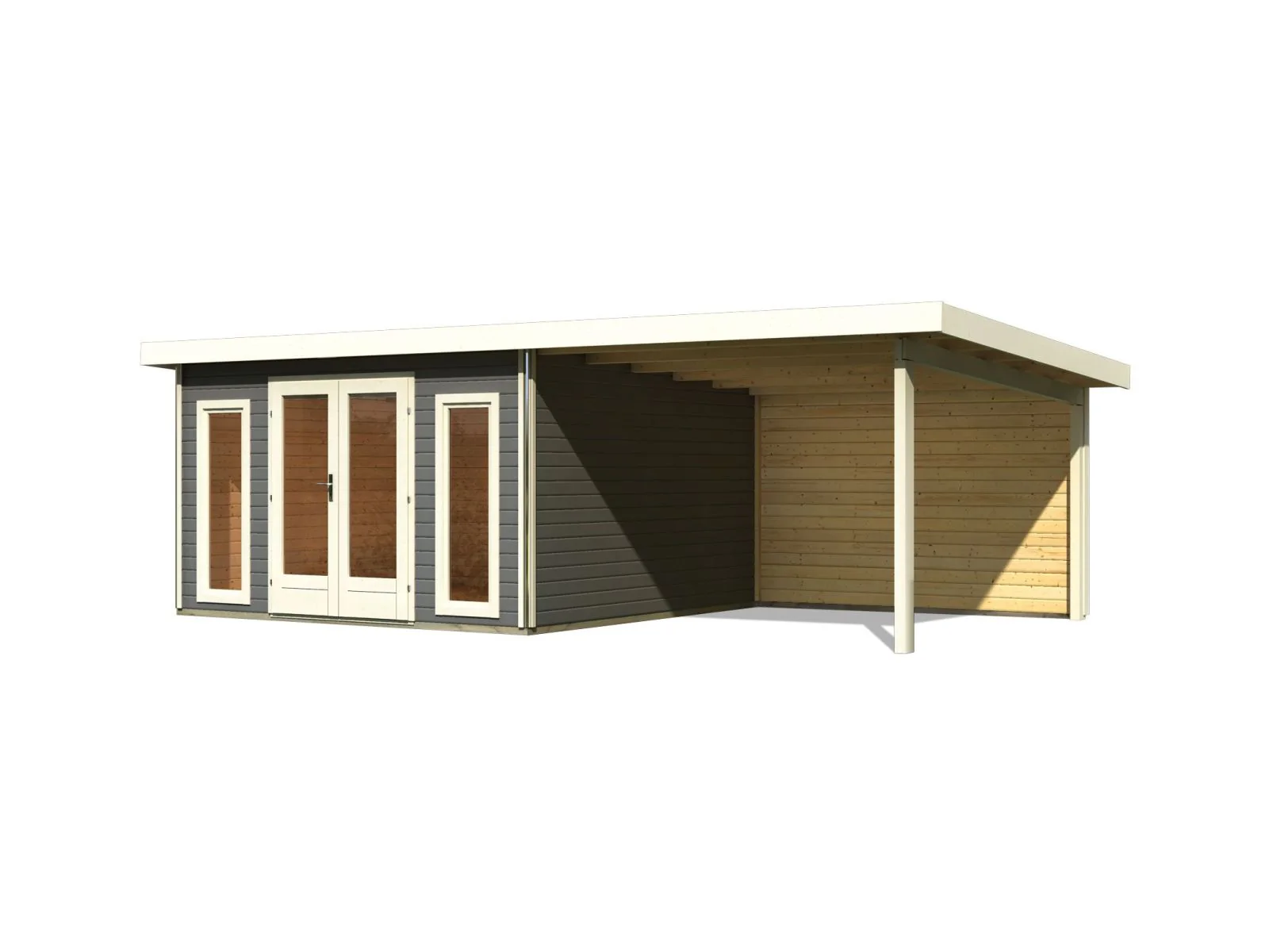 Karibu Gartenhaus Radeburg 3 terragrau mit Anbaudach 3,3 m und Rückwand - Image 4