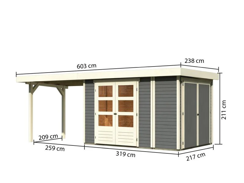 Karibu Gartenhaus Retola 3 in terragrau mit Anbauschrank und Anbaudachdach 2,80 Meter - Image 2