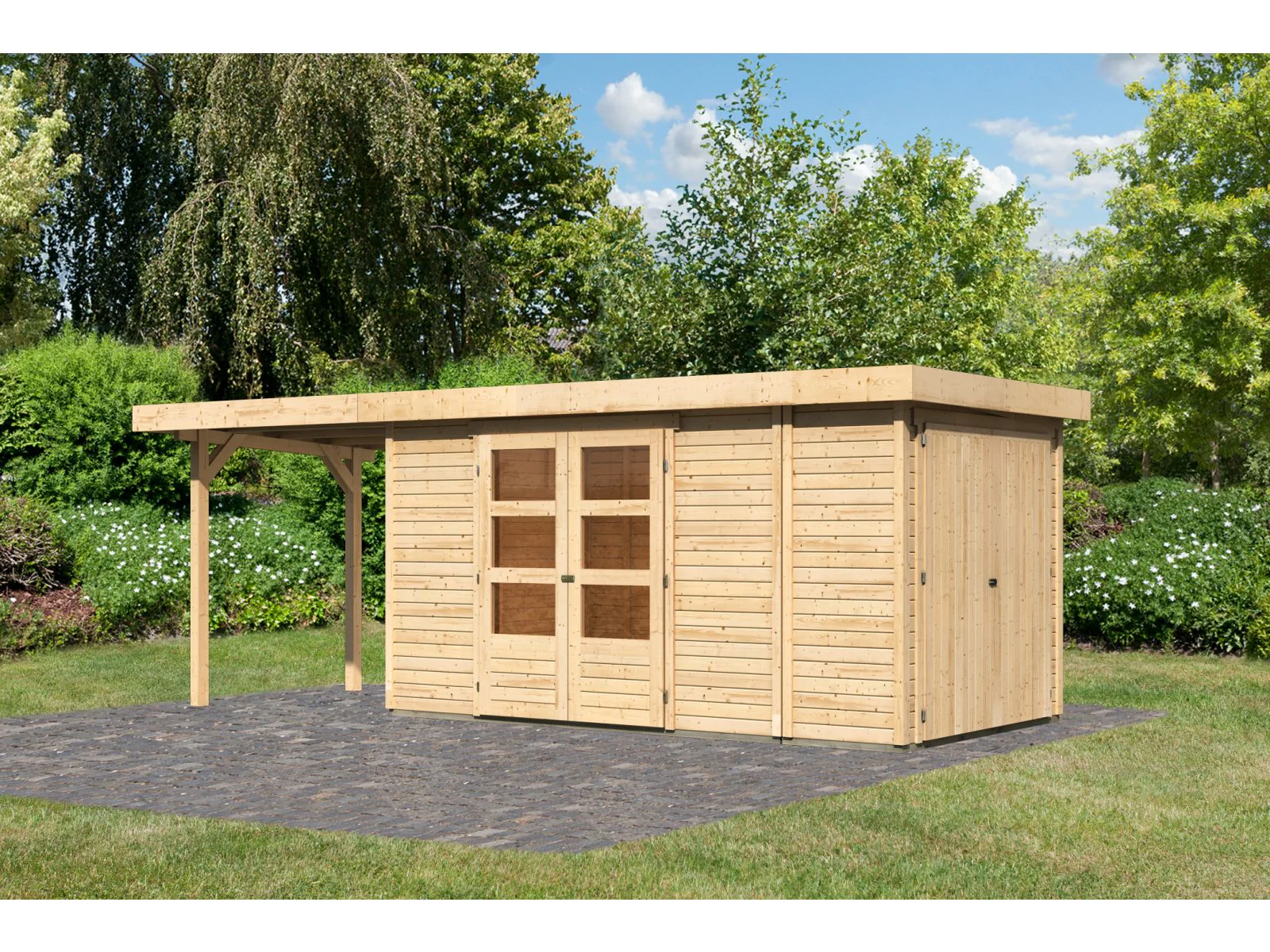 Karibu Gartenhaus Retola 5 mit Anbauschrank und Anbaudach 2,40 Meter