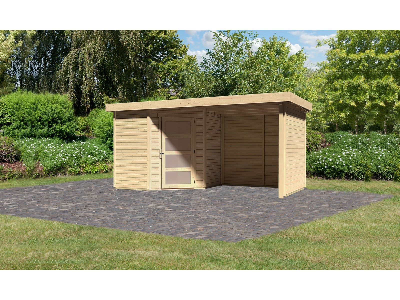 Karibu Gartenhaus Schwandorf 3 natur mit Anbaudach 2,25 Meter, Seiten- und Rückwand - Image 2