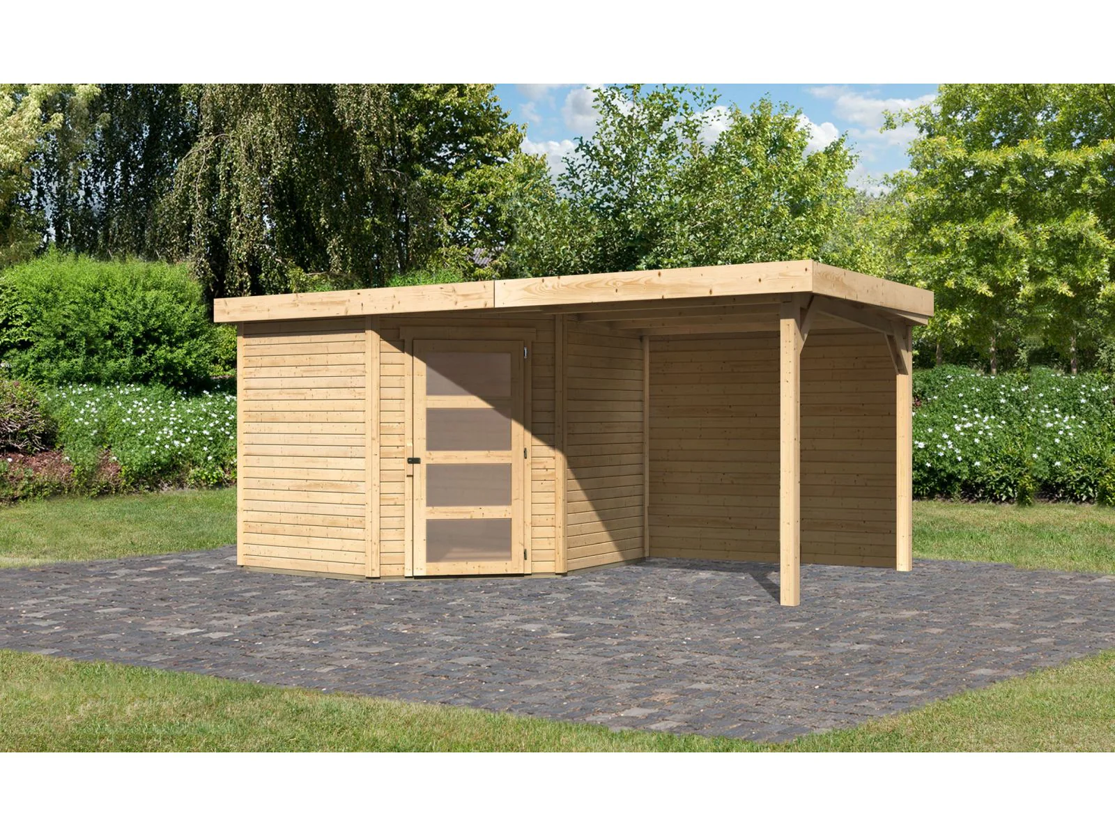 Karibu Gartenhaus Schwandorf 5 natur mit Anbaudach 2,40 m inkl. Rückwand