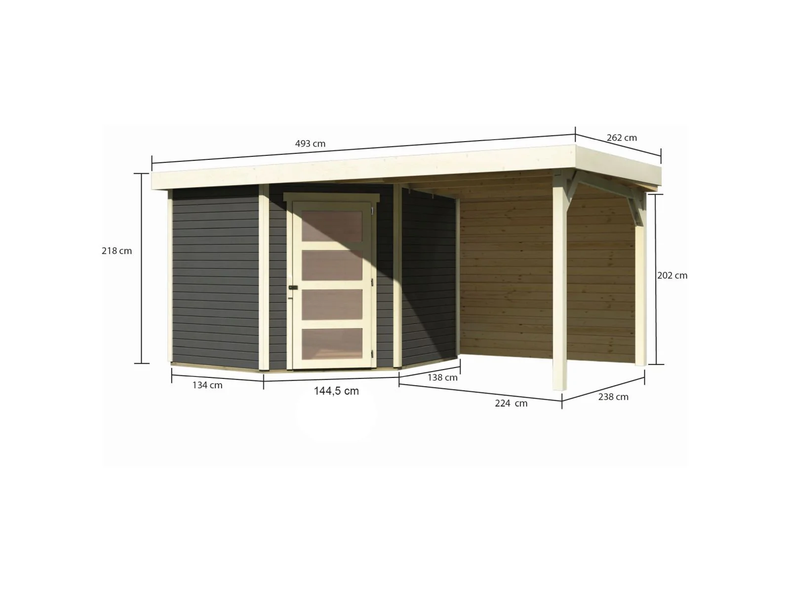 Karibu Gartenhaus Schwandorf 5 terragrau mit Anbaudach 2,40 m inkl. Rückwand - Image 2