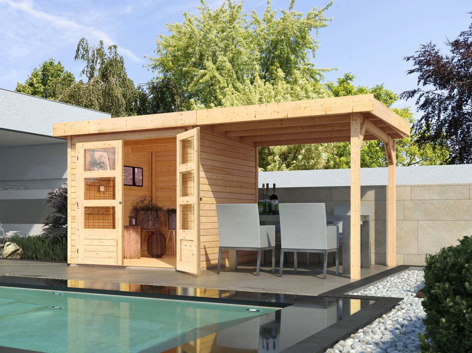 Karibu Gartenhaus Timmo, naturbelassen, inkl. Anbaudach 2,40 Meter