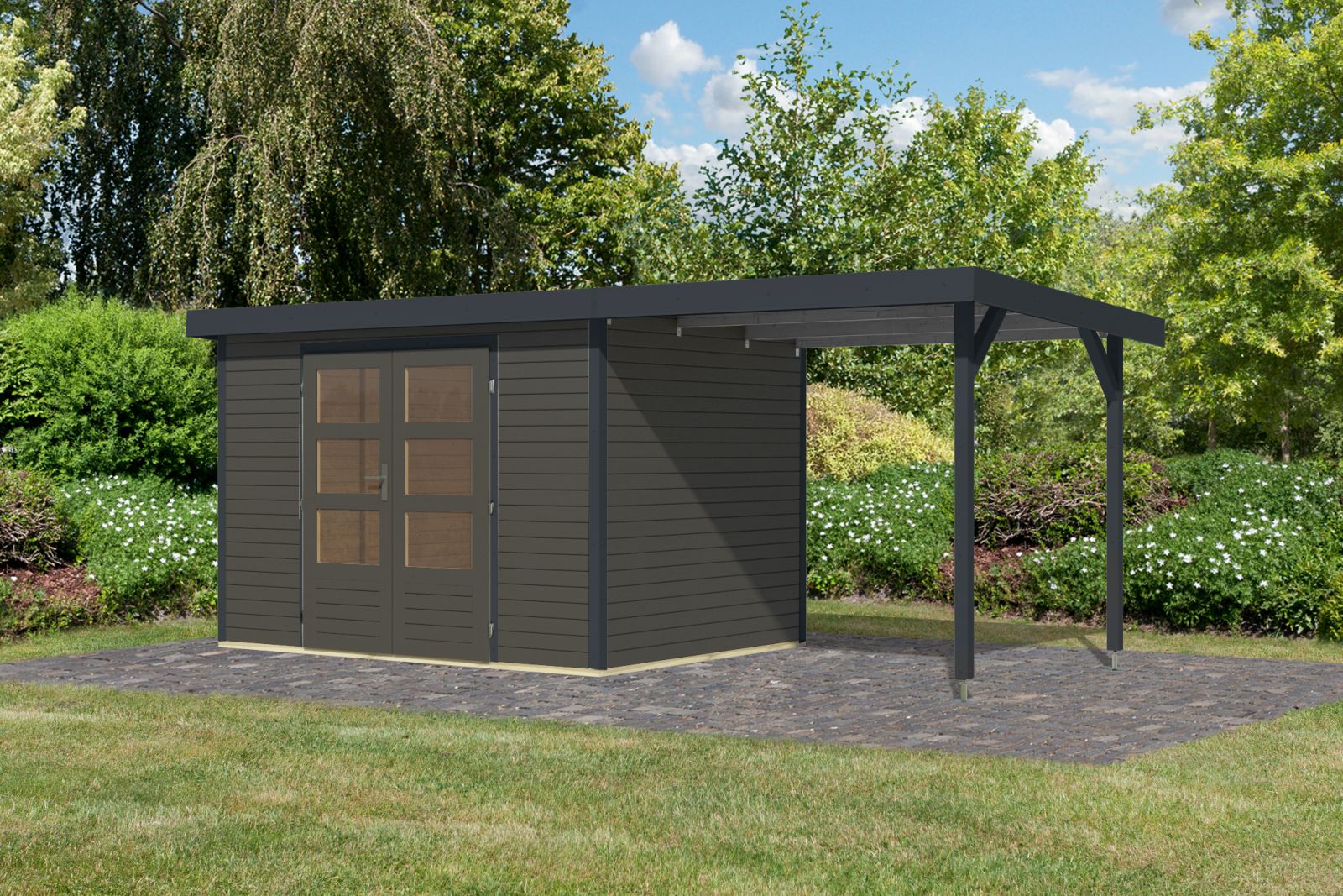 Karibu Hybrid Gartenhaus Jupiter 4 B terragrau/anthrazit, inkl. 2,35 m Anbaudach - Image 2
