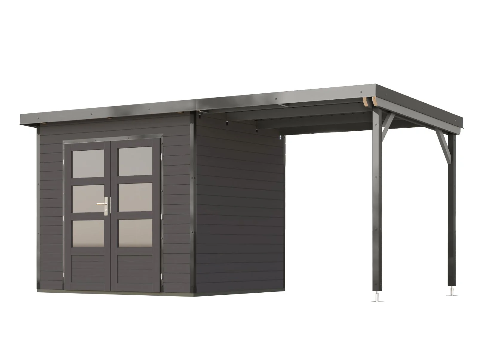 Karibu Hybrid Gartenhaus Pluto 2 B, terragrau/graualuminium, 28 mm, inkl. Anbaudach 2,33m - Image 2