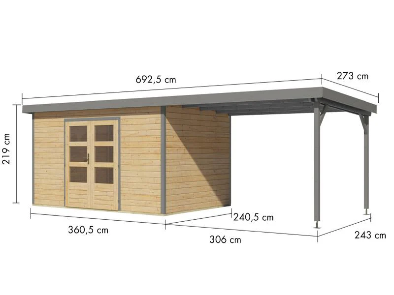 Karibu Hybrid Gartenhaus Pluto 7 A, naturbelassen/graualuminium, inkl. 3 m Anbaudach - Image 3