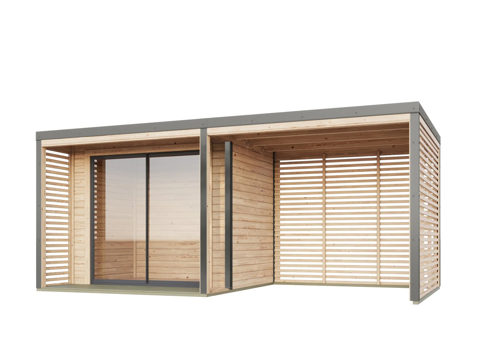 Karibu Hybrid Gartenhaus Saturn A, naturbelassen/graualuminium, 38 mm, inkl. Fußboden und Anbaudach 3m - Image 2