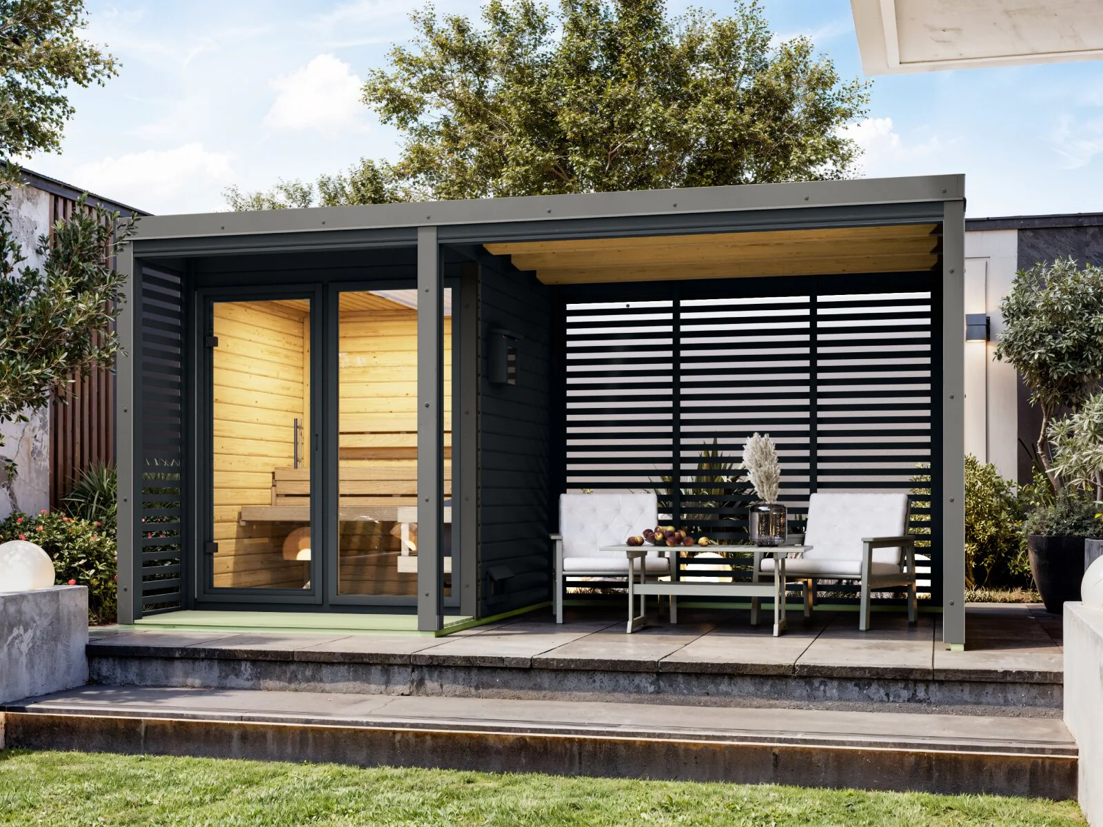 Karibu Hybrid Saunahaus Ares 1, inkl. Anbaudach in anthrazit/graualuminium -ohne Ofen-