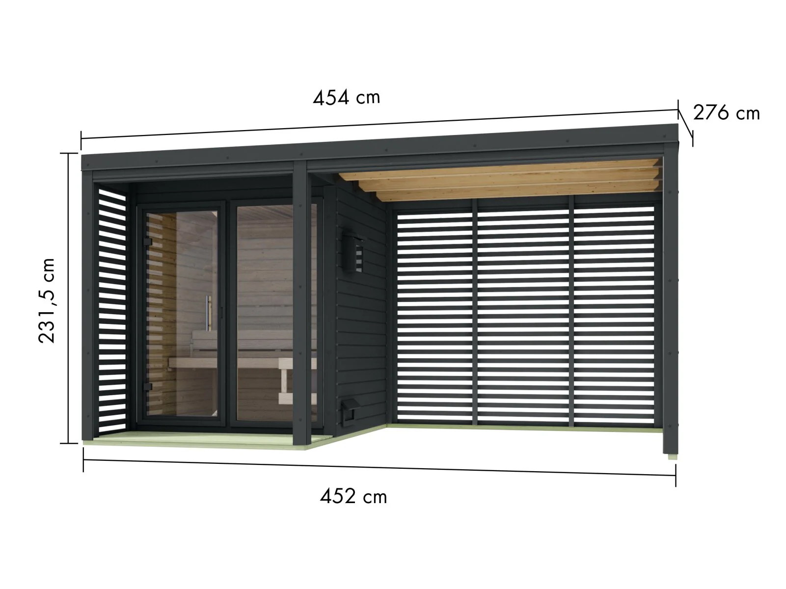 Karibu Hybrid Saunahaus Ares 1, mit Anbaudach in anthrazit/anthrazit, inkl. 9 kW Bioofen ext. Steuerung Wifi HUUM - Image 2
