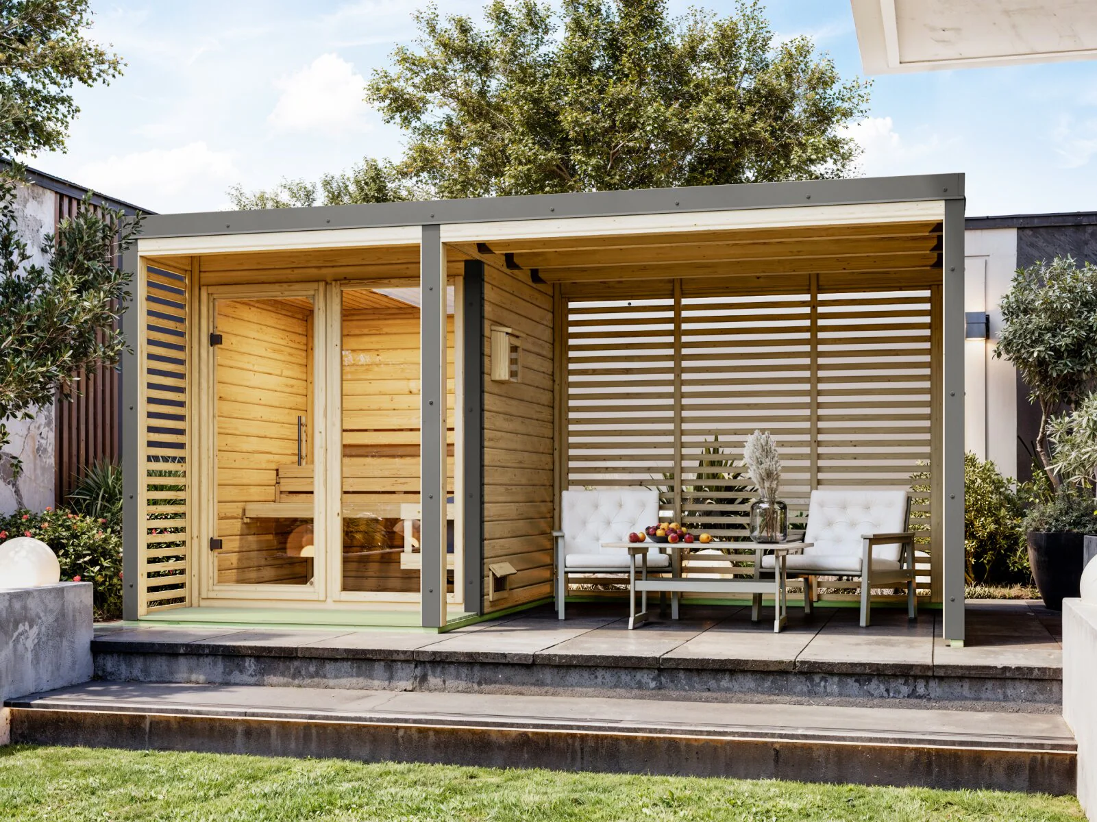 Karibu Hybrid Saunahaus Ares 1, mit Anbaudach in naturbelassen/graualuminium, inkl. 9 kW Bioofen ext. Steuerung easy