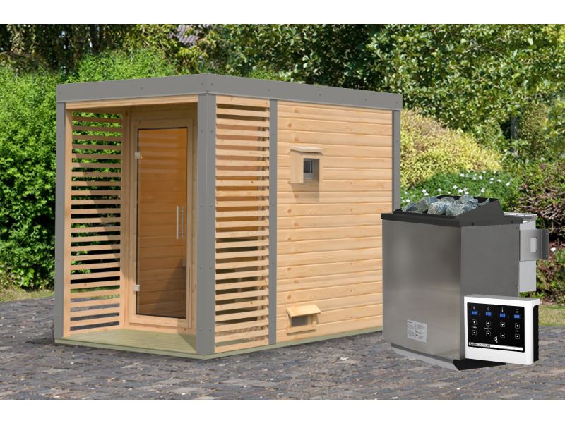 Karibu Hybrid Saunahaus Ares 1, naturbelassen/graualuminium, inkl. 9 kW Bioofen ext. Steuerung - Image 2