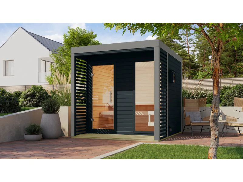 Karibu Hybrid Saunahaus Ares 2, anthrazit/graualuminium, inkl. 9 kW Bioofen ext. Steuerung