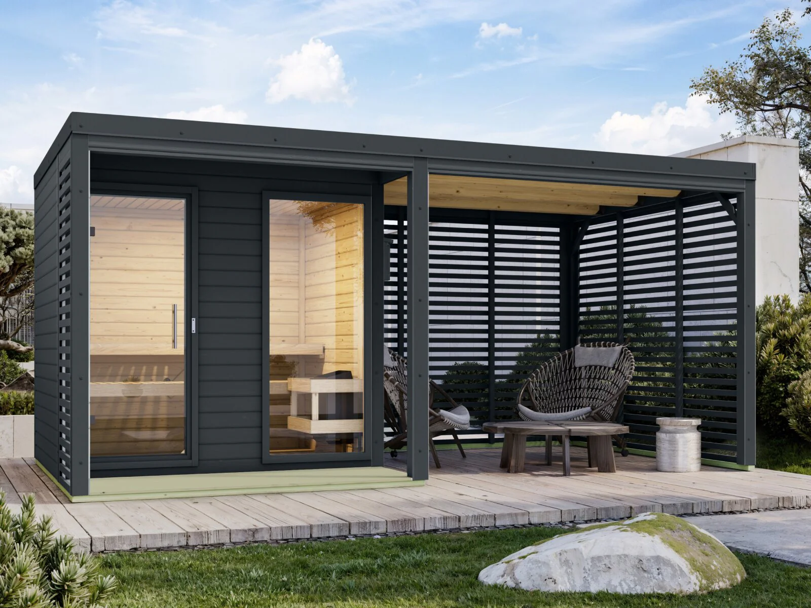 Karibu Hybrid Saunahaus Ares 2, inkl. Anbaudach in anthrazit/anthrazit, inkl. 9 kW Bioofen ext. Steuerung easy