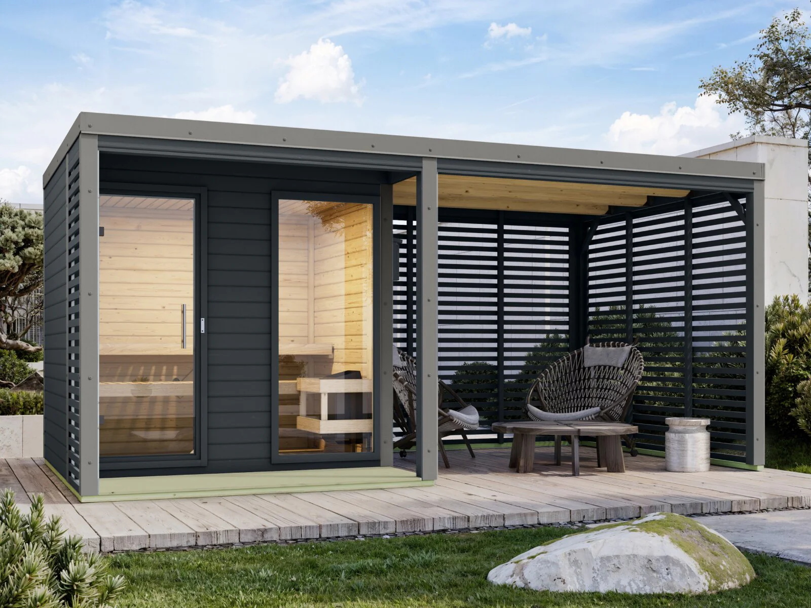 Karibu Hybrid Saunahaus Ares 2, inkl. Anbaudach in anthrazit/graualuminium, inkl. 9 kW Bioofen ext. Steuerung easy
