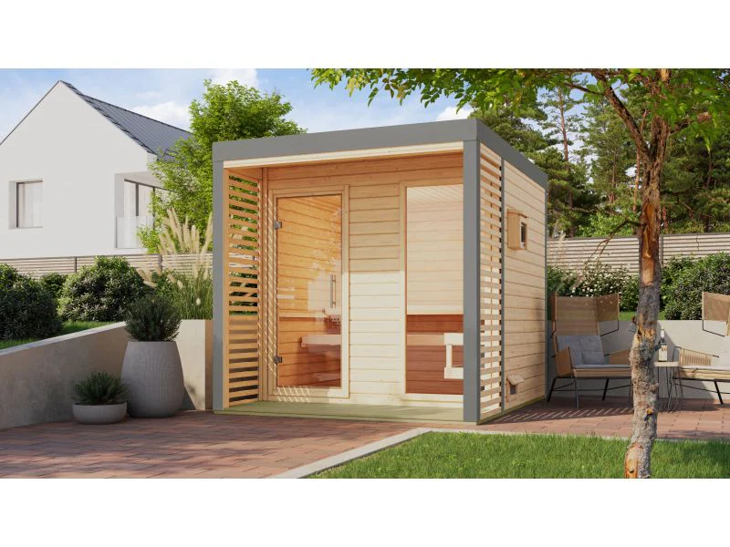 Karibu Hybrid Saunahaus Ares 2, naturbelassen/graualuminium, inkl 9 kW Bioofen ext. Steuerung