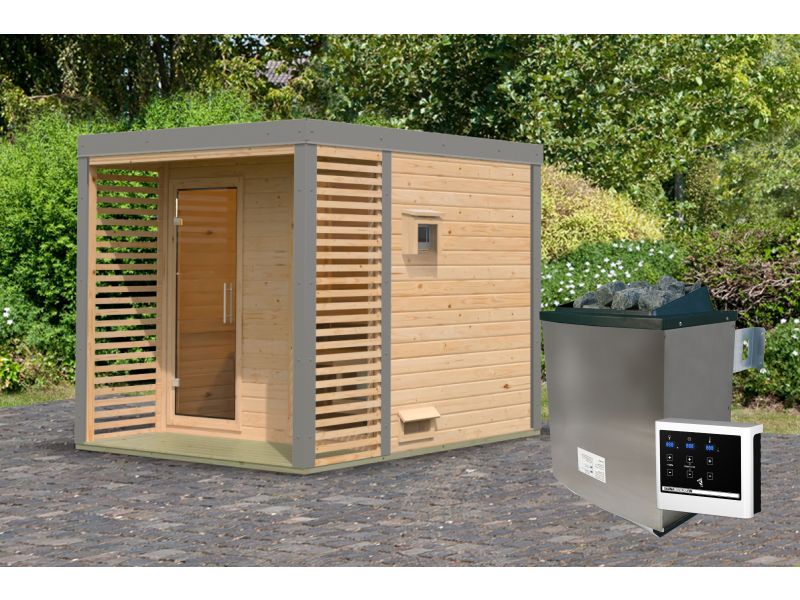 Karibu Hybrid Saunahaus Ares 2, naturbelassen/graualuminium, inkl 9 kW Ofen ext. Steuerung - Image 2