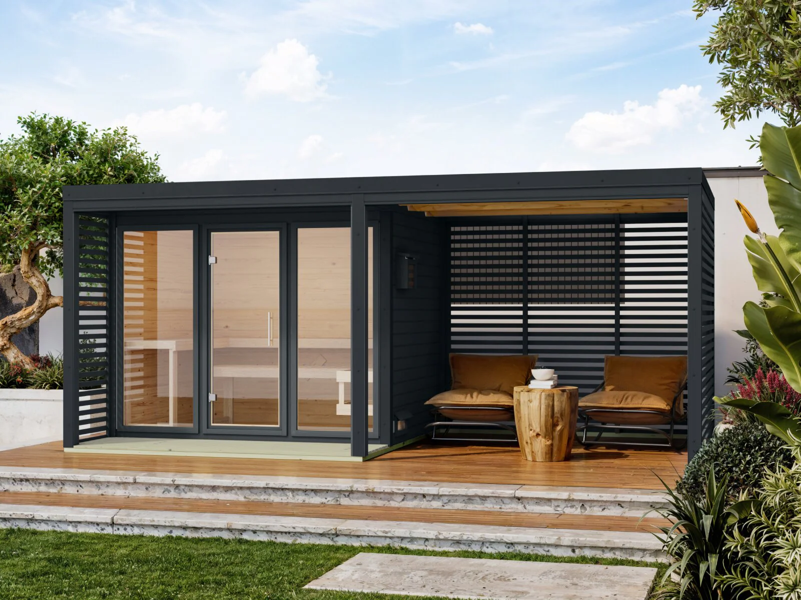 Karibu Hybrid Saunahaus Ares 3, inkl. Anbaudach in anthrazit/anthrazit, inkl. 9 kW Bioofen ext. Steuerung Wifi HUUM