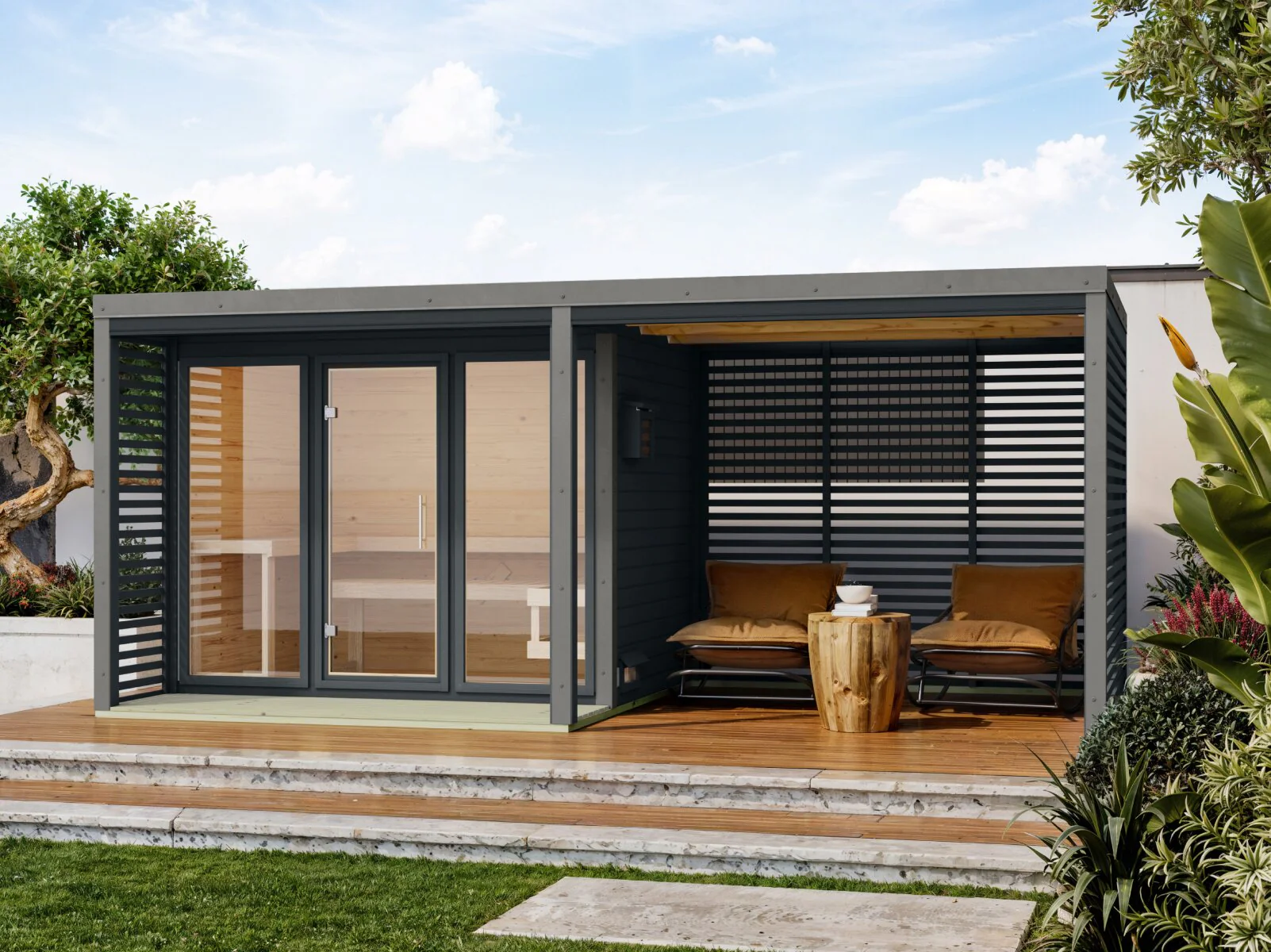 Karibu Hybrid Saunahaus Ares 3, inkl. Anbaudach in anthrazit/graualuminium, inkl. 9 kW Ofen ext. Steuerung easy