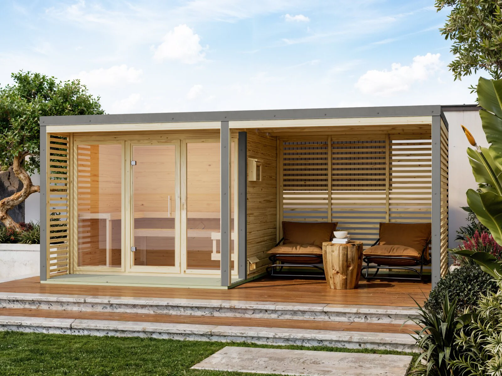 Karibu Hybrid Saunahaus Ares 3, inkl. Anbaudach in naturbelassen/graualuminium, inkl. 9 kW Ofen ext. Steuerung Wifi HUUM