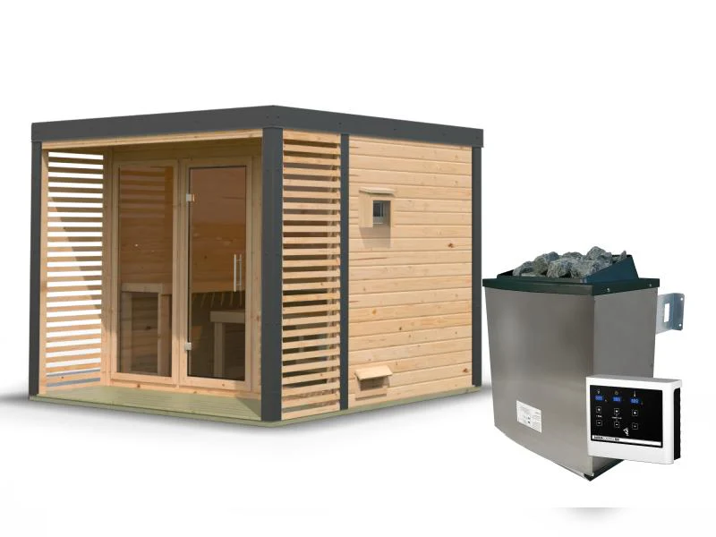 Karibu Hybrid Saunahaus Ares 3, naturbelassen/anthrazit -inkl. 9 kW Ofen ext. Steuerung- - Image 2