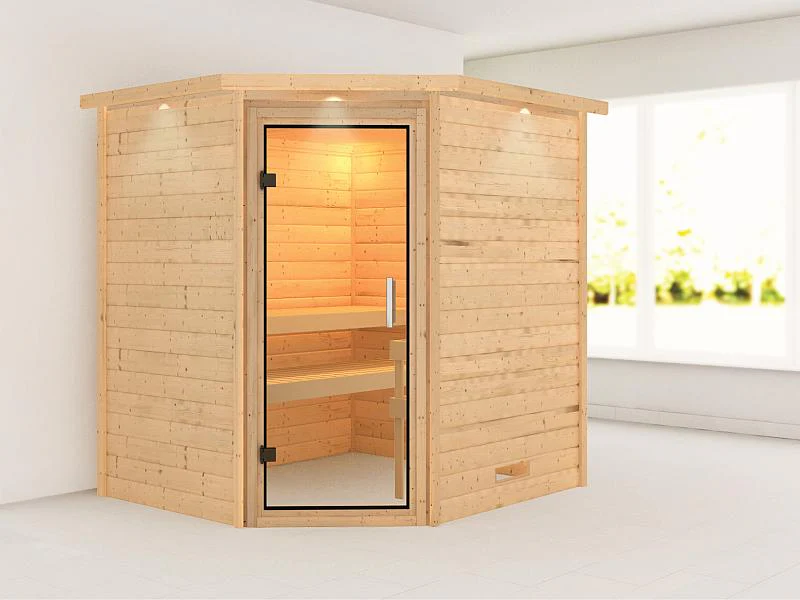 Karibu Massivholzsauna Mia 38 mm mit Klarglas Saunatür, mit Dachkranz
