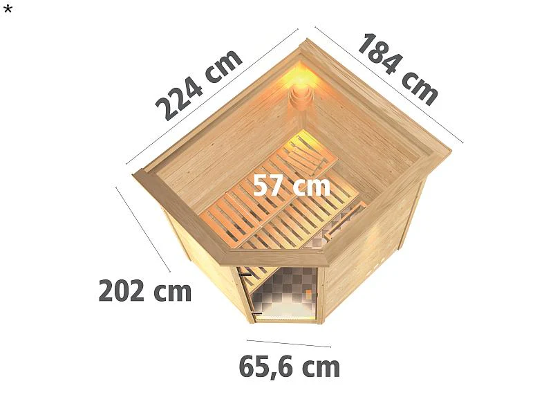 Karibu Massivholzsauna Mia 38 mm mit Klarglas Saunatür, mit Dachkranz - Image 3