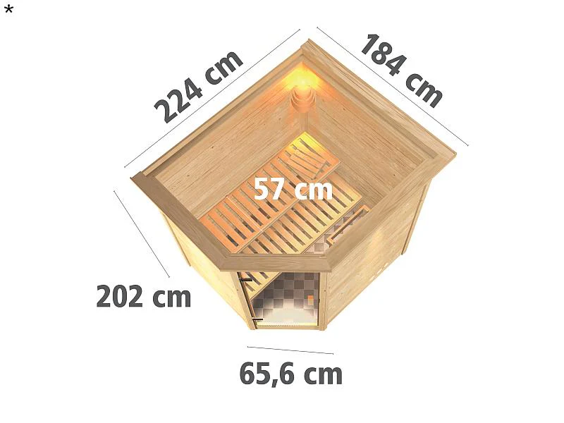 Karibu Massivholzsauna Mia 38 mm mit moderner Saunatür, mit Dachkranz - Image 3
