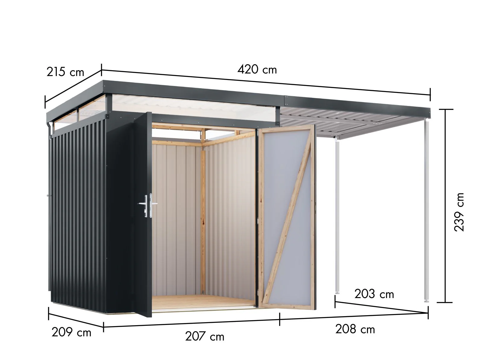 Karibu Metallhaus Aurum 2 in Anthrazit, inkl. Anbaudach 2 m - Image 2
