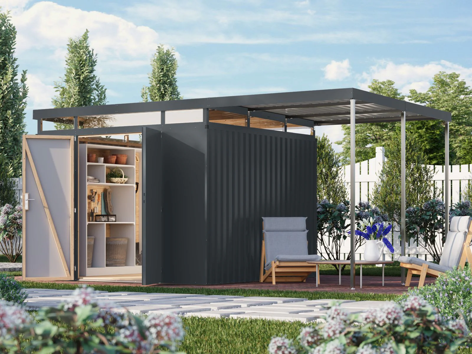 Karibu Metallhaus Aurum 3,5 in Anthrazit, inkl. Anbaudach 2 m
