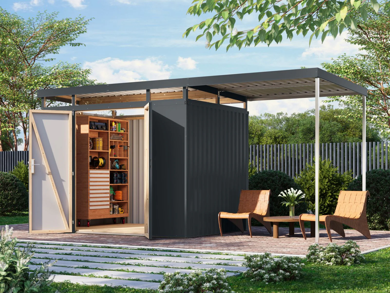 Karibu Metallhaus Aurum 3 in Anthrazit, inkl. Anbaudach 2 m