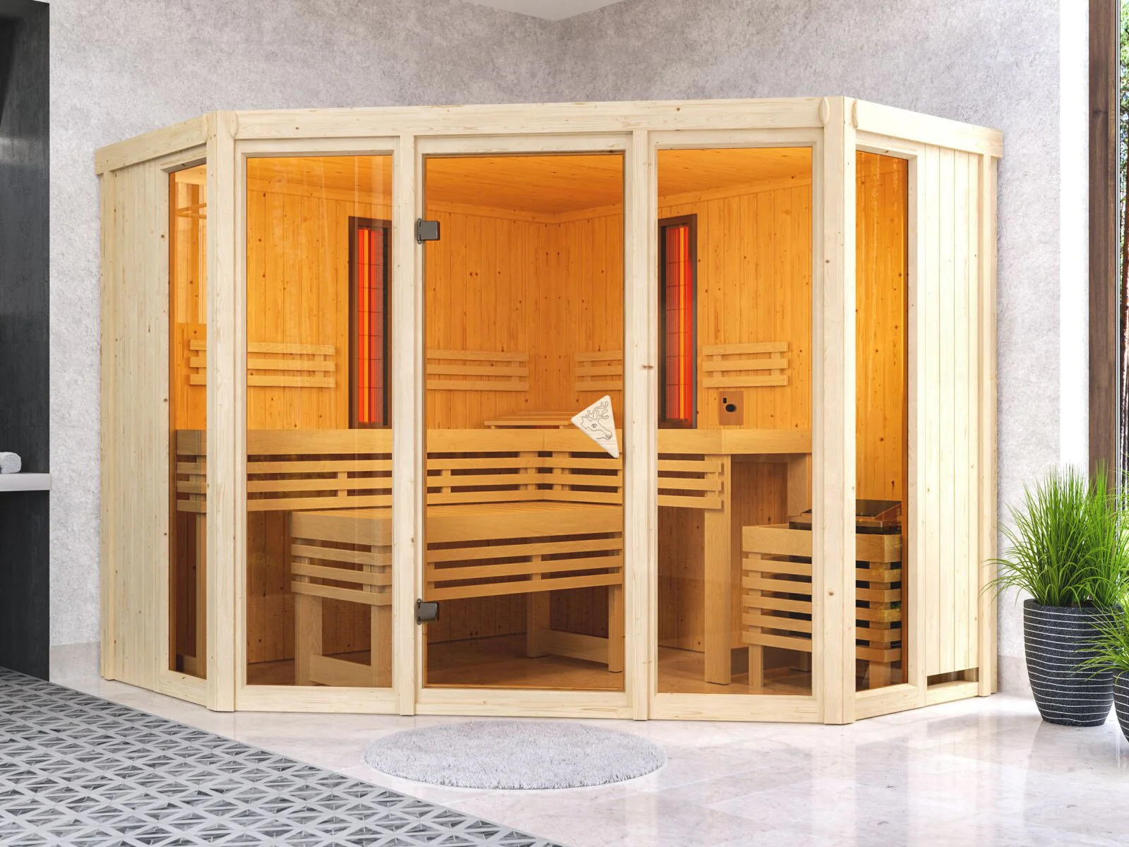 Karibu Multifunktions-Sauna Asta inkl. 9 kW Bioofen ext. Steuerung Wifi HUUM und Infrarotstrahler