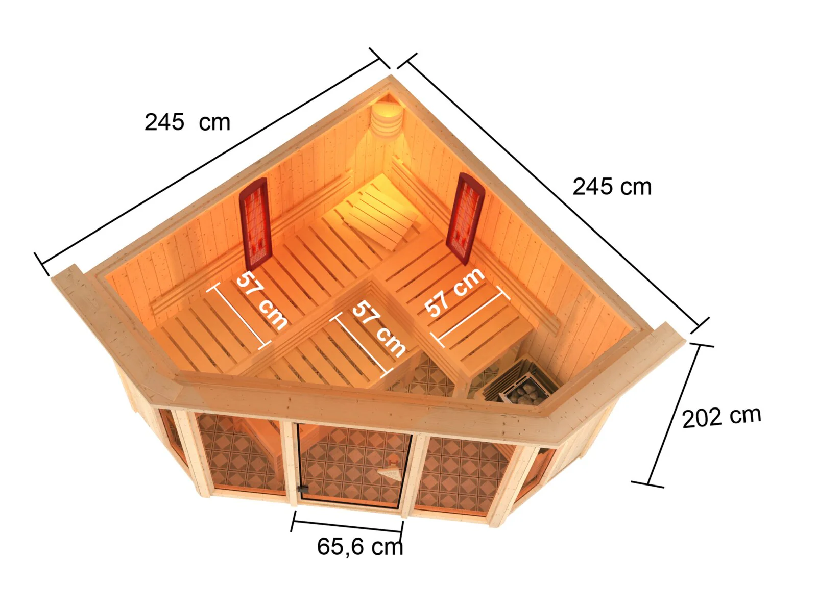Karibu Multifunktions-Sauna Asta, inkl 9 kW Ofen ext. Steuerung Wifi HUUM und Infrarotstrahler - mit Dachkranz - - Image 2