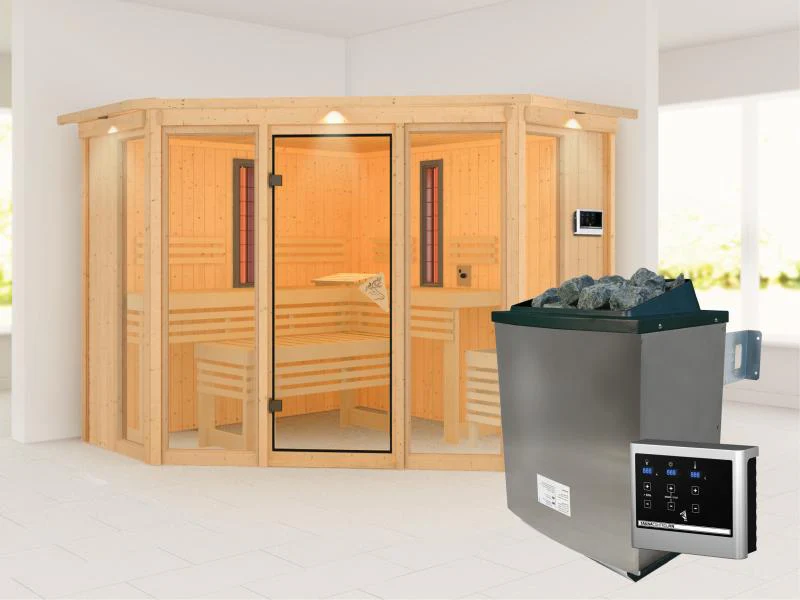 Karibu Multifunktions-Sauna Asta mit Dachkranz, 9 kW Ofen und Infrarotstrahler - Image 4