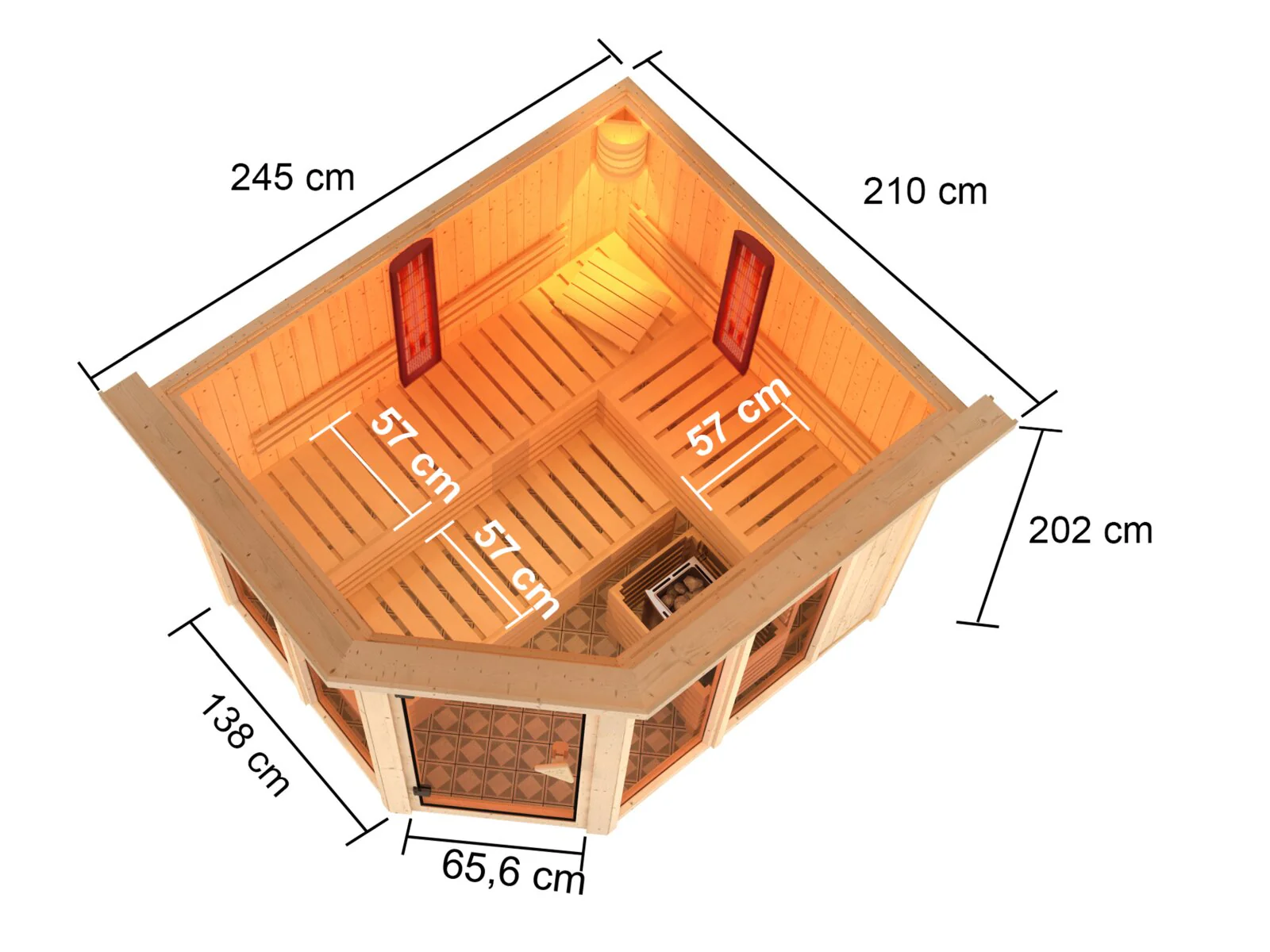 Karibu Multifunktions-Sauna Ava, inkl. 9 kW Ofen ext. Steuerung Wifi HUUM und Infrarothstrahler - mit Dachkranz - - Image 2